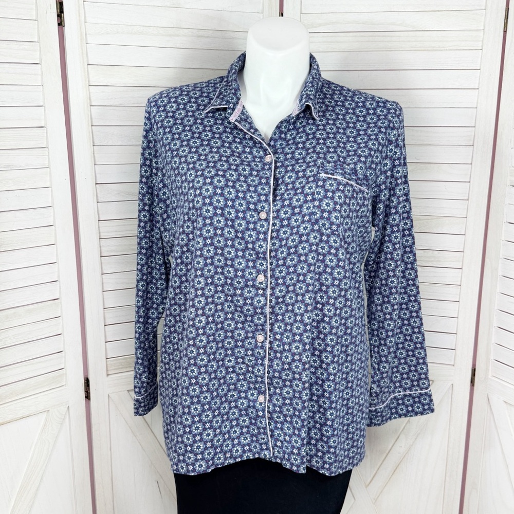 Victorias Secret Snowflakes Flannel Button Up Pajama Top Shirt Blue XL